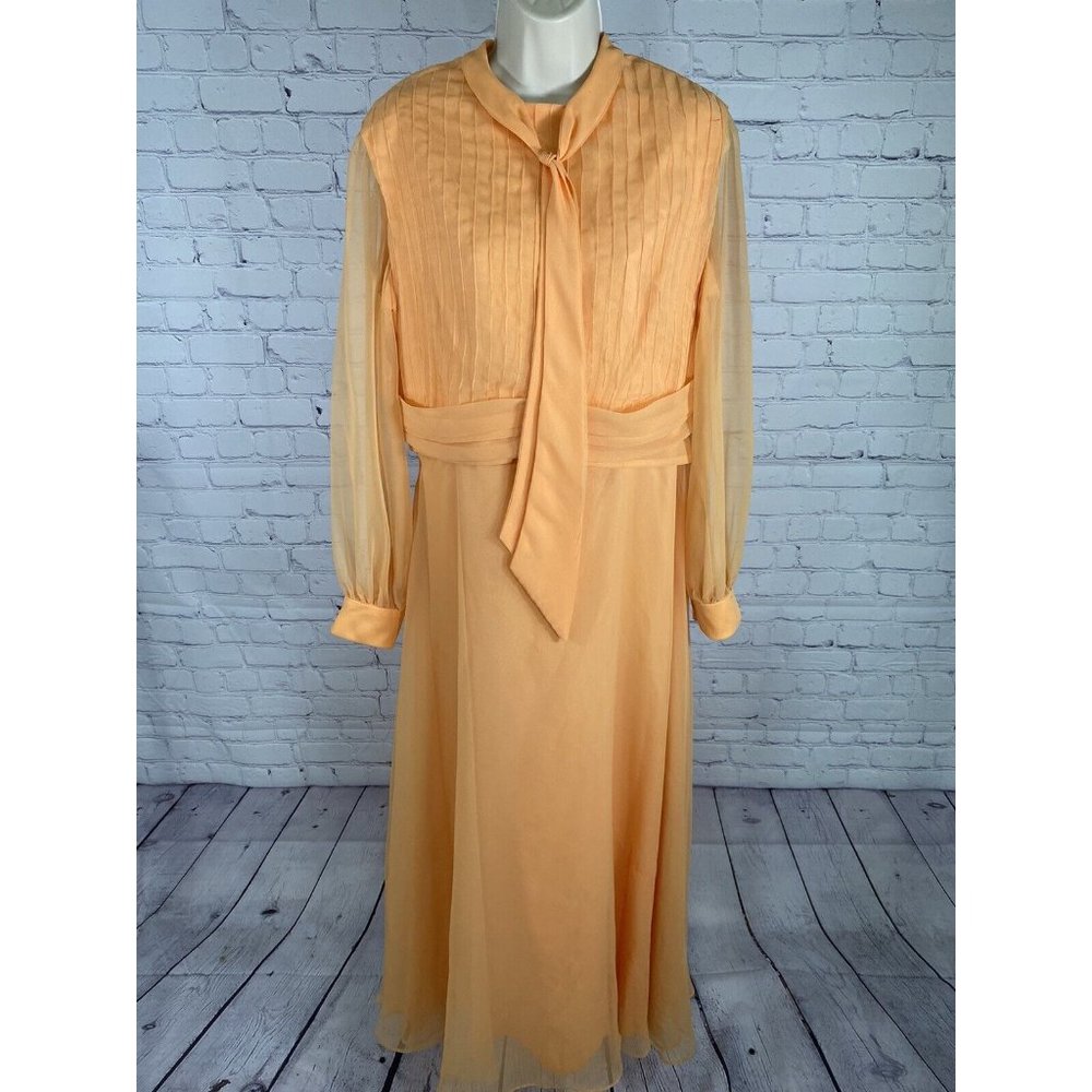 VTG Lee Jordan Orange Long High Neck Back Zip Lined Sheer Sleeve Dress M
